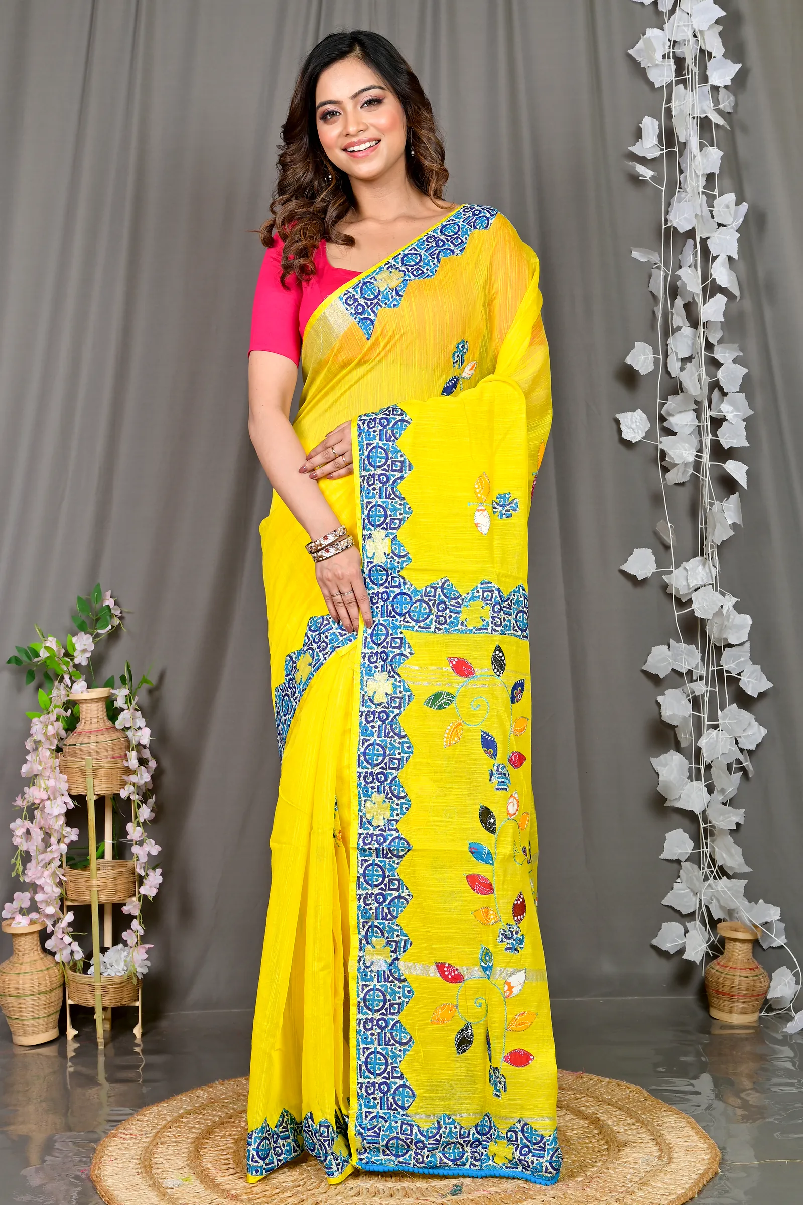 Yellow Cotton Blended Parik Applique Saree (330)