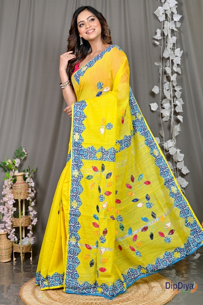 Yellow Cotton Blended Parik Applique Saree (330)