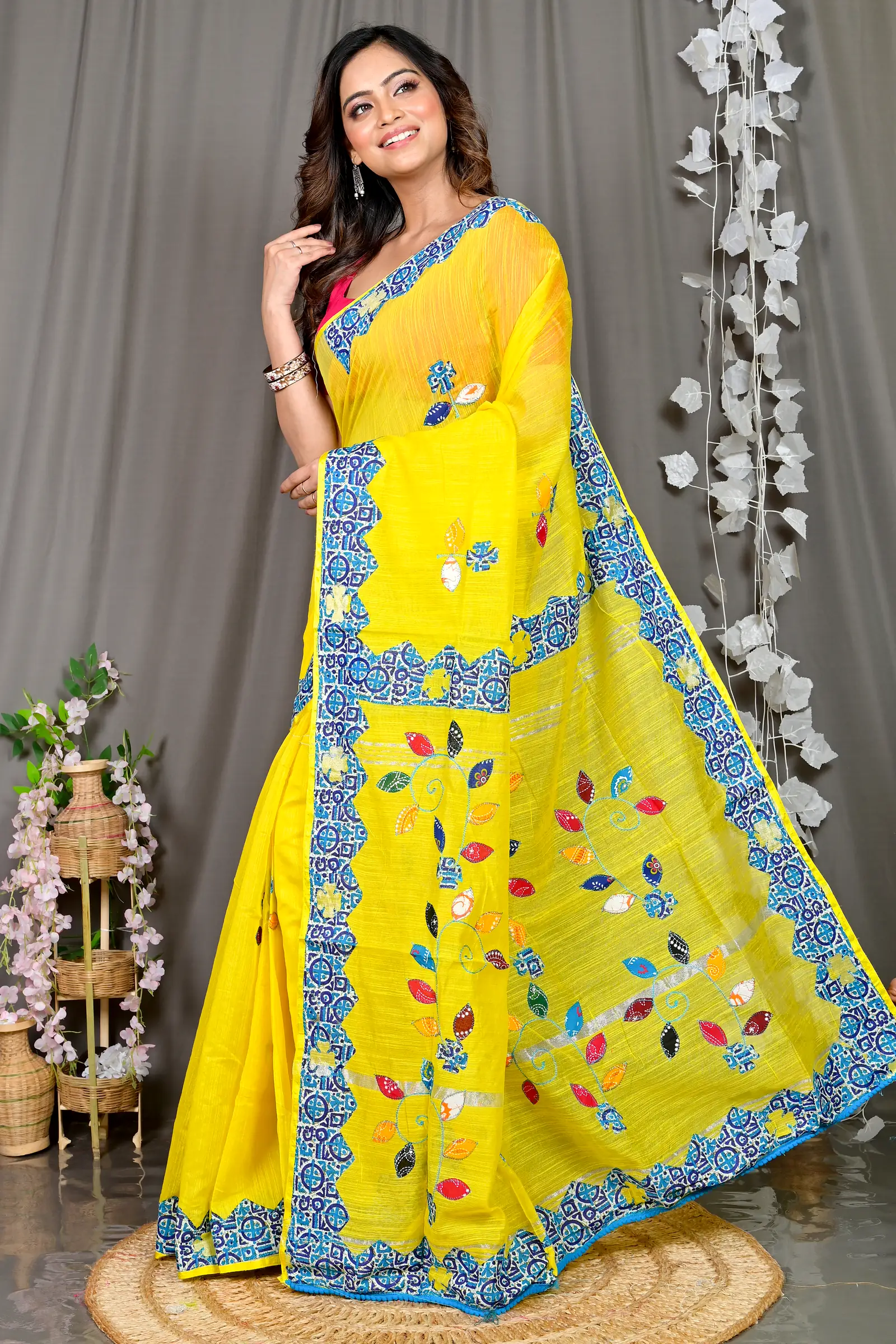 Yellow Cotton Blended Parik Applique Saree (330)