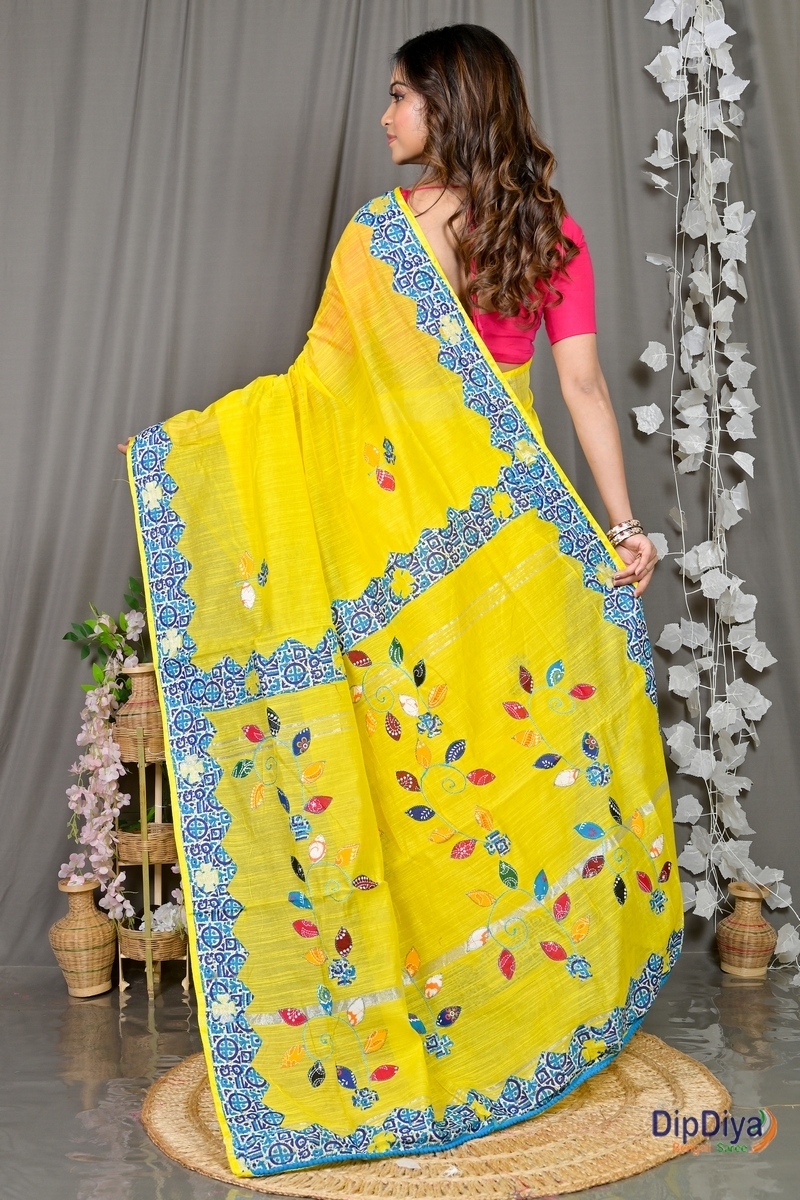 Yellow Cotton Blended Parik Applique Saree (330)
