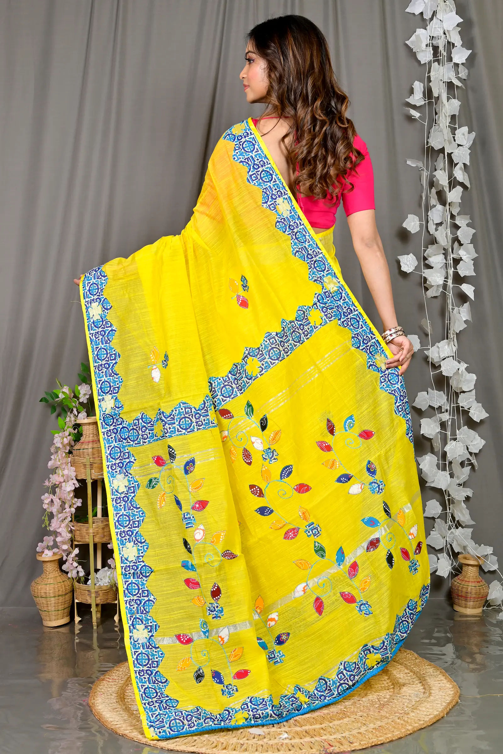 Yellow Cotton Blended Parik Applique Saree (330)
