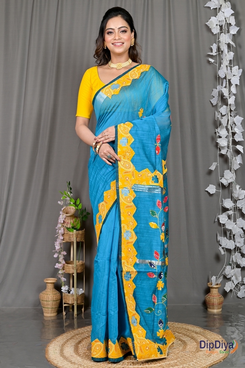 Sky Blue Cotton Blended Parik Applique Saree (331)