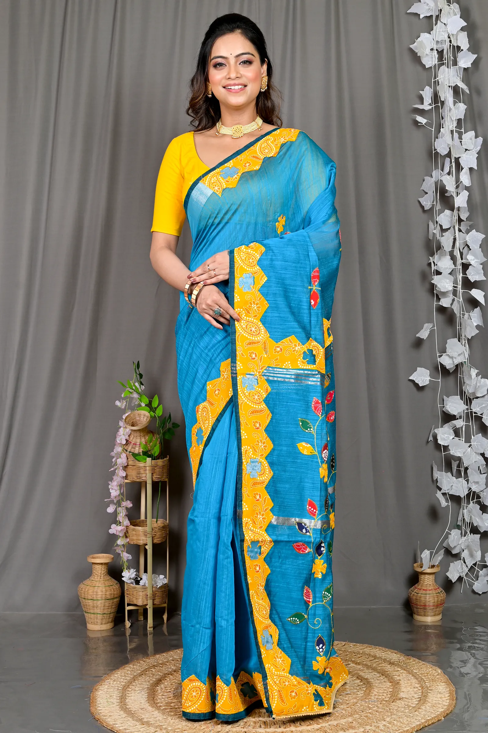 Sky Blue Cotton Blended Parik Applique Saree (331)