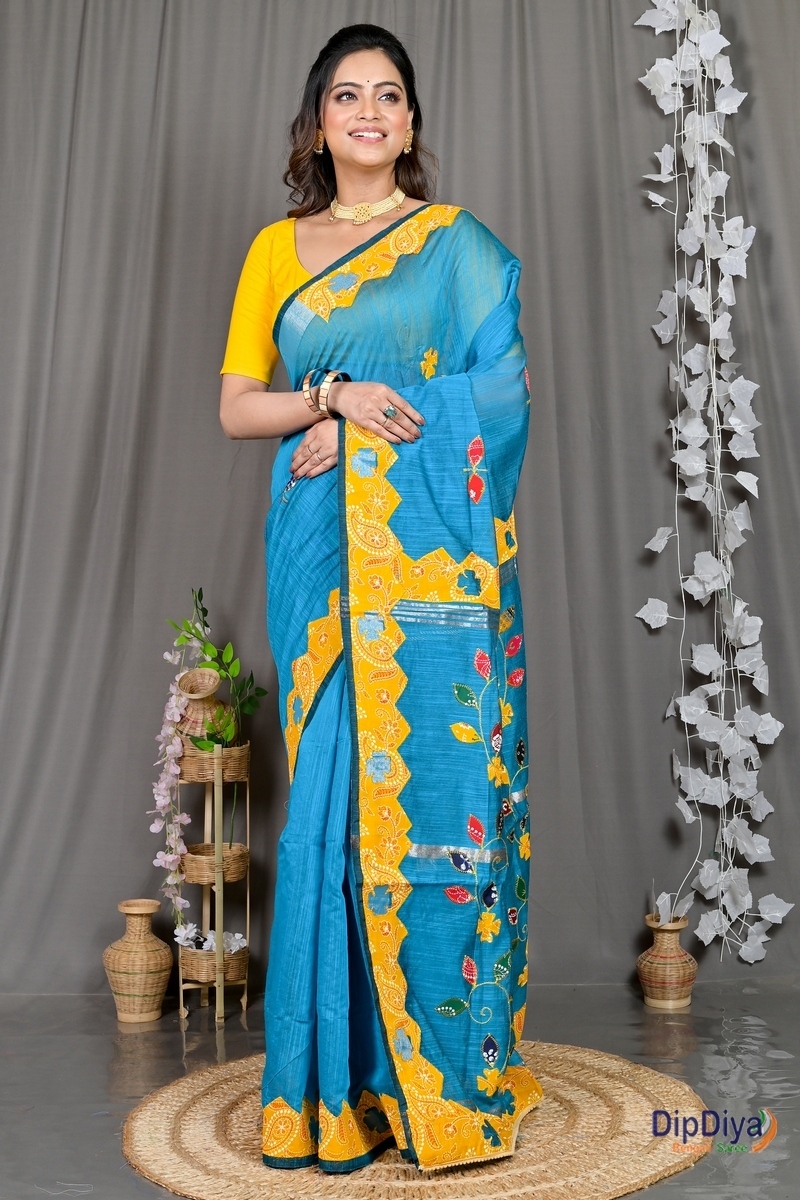 Sky Blue Cotton Blended Parik Applique Saree (331)