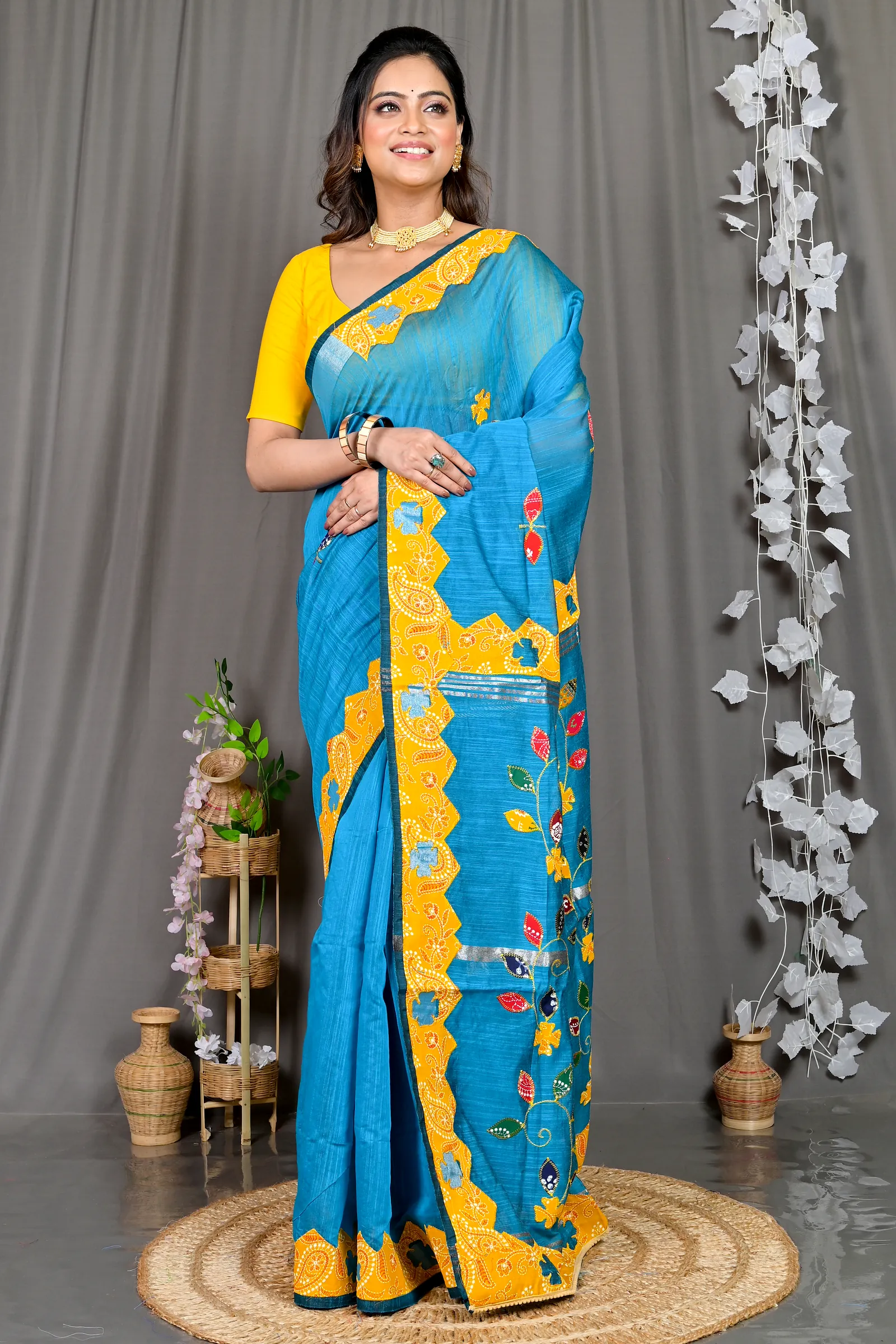 Sky Blue Cotton Blended Parik Applique Saree (331)