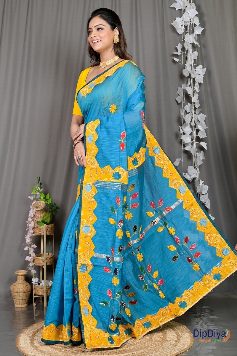 Sky Blue Cotton Blended Parik Applique Saree (331)