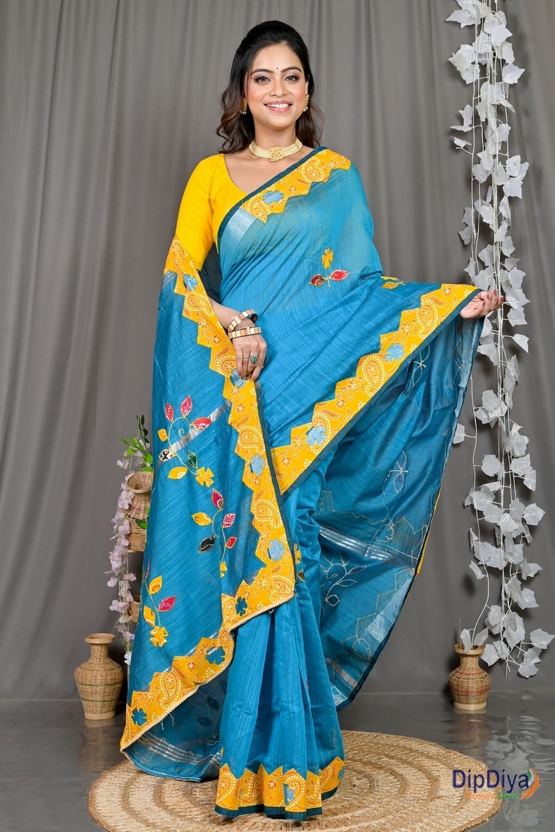 Sky Blue Cotton Blended Parik Applique Saree (331)