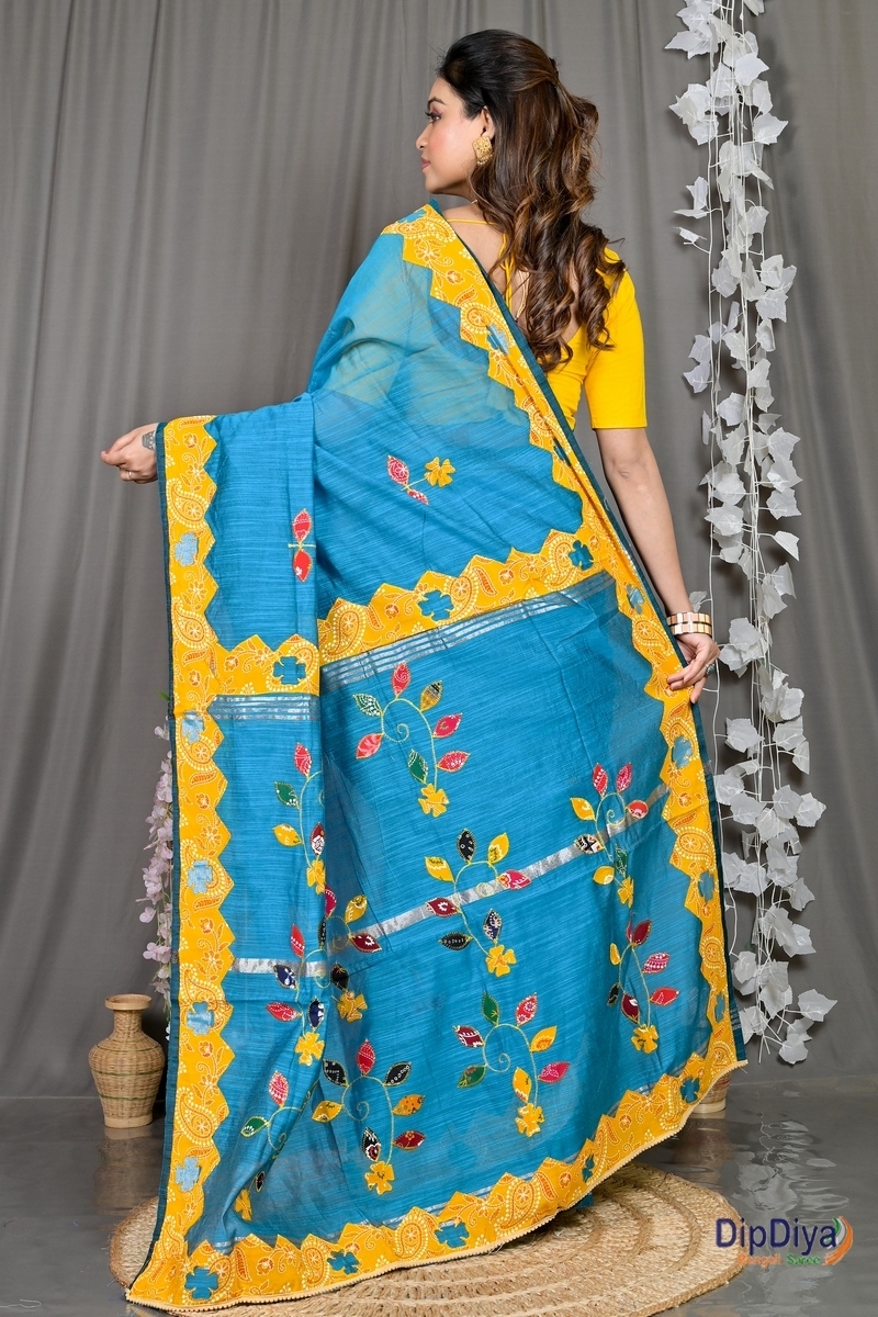 Sky Blue Cotton Blended Parik Applique Saree (331)