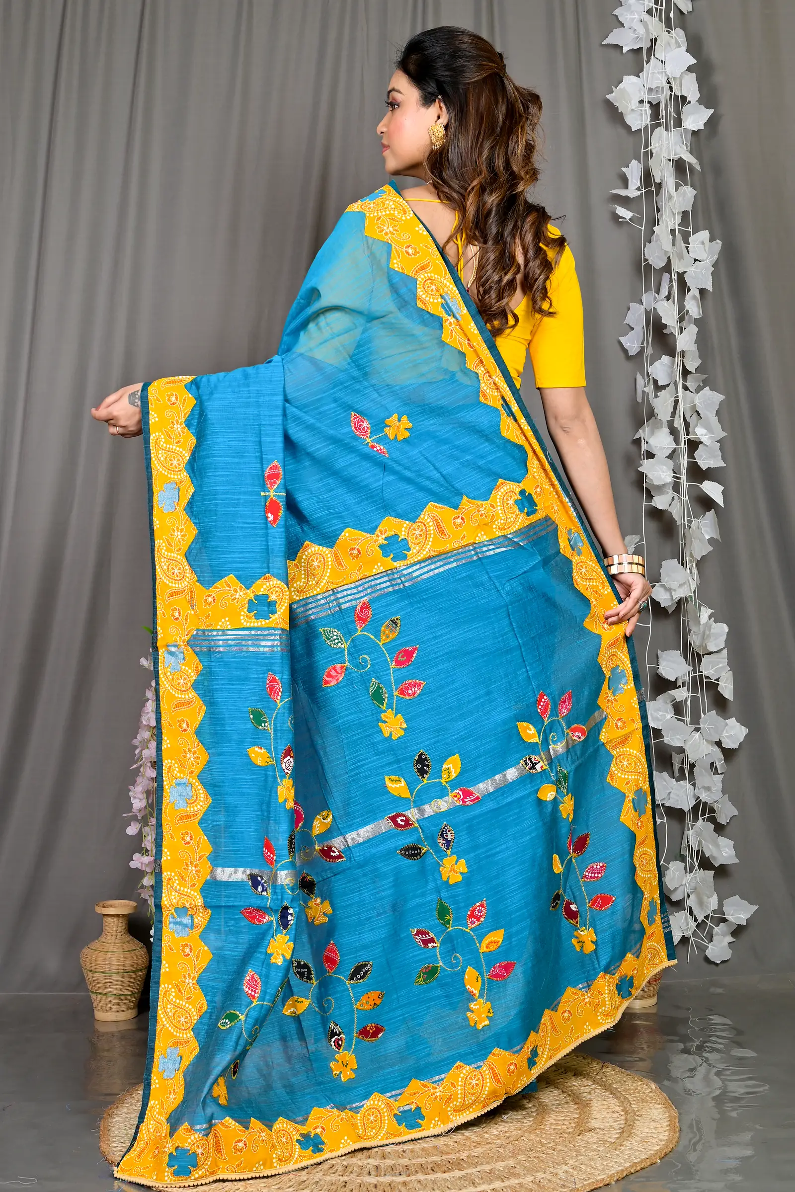 Sky Blue Cotton Blended Parik Applique Saree (331)