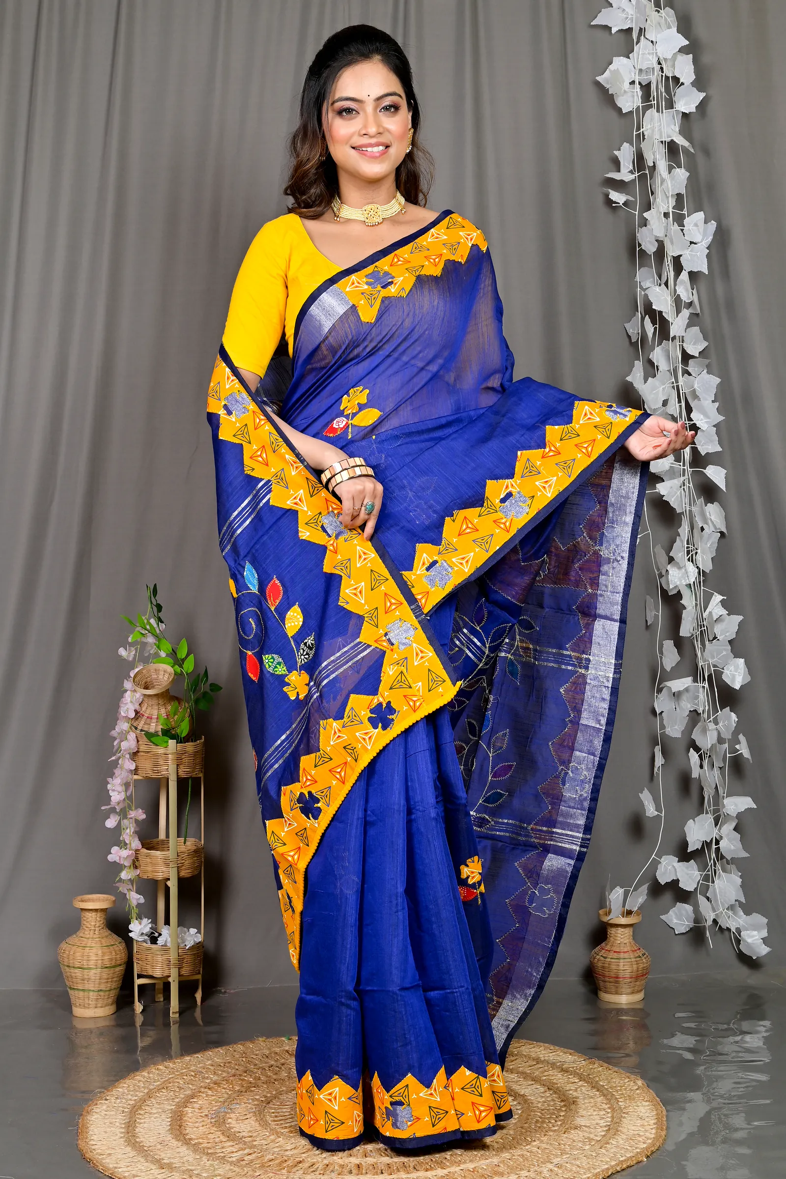 Blue Cotton Blended Parik Applique Saree (332)