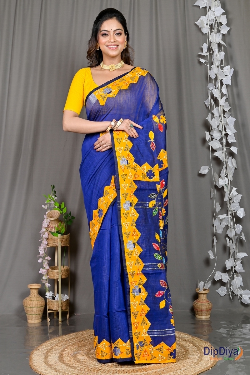 Blue Cotton Blended Parik Applique Saree (332)