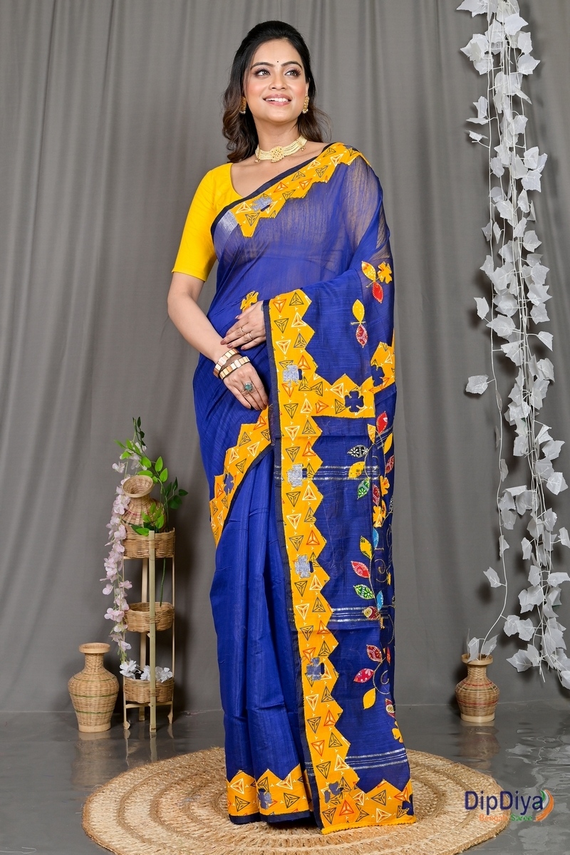 Blue Cotton Blended Parik Applique Saree (332)
