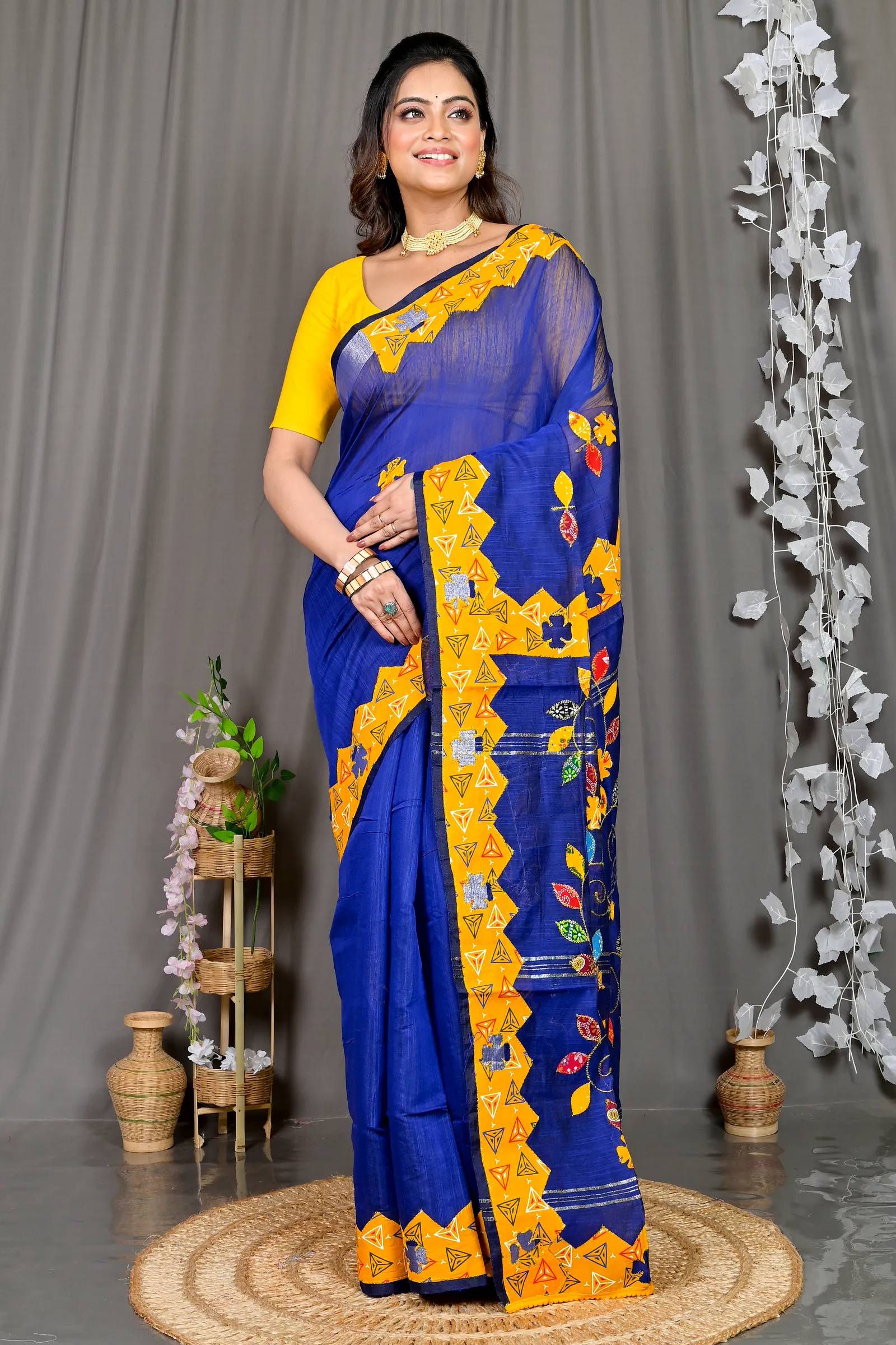 Blue Cotton Blended Parik Applique Saree (332)