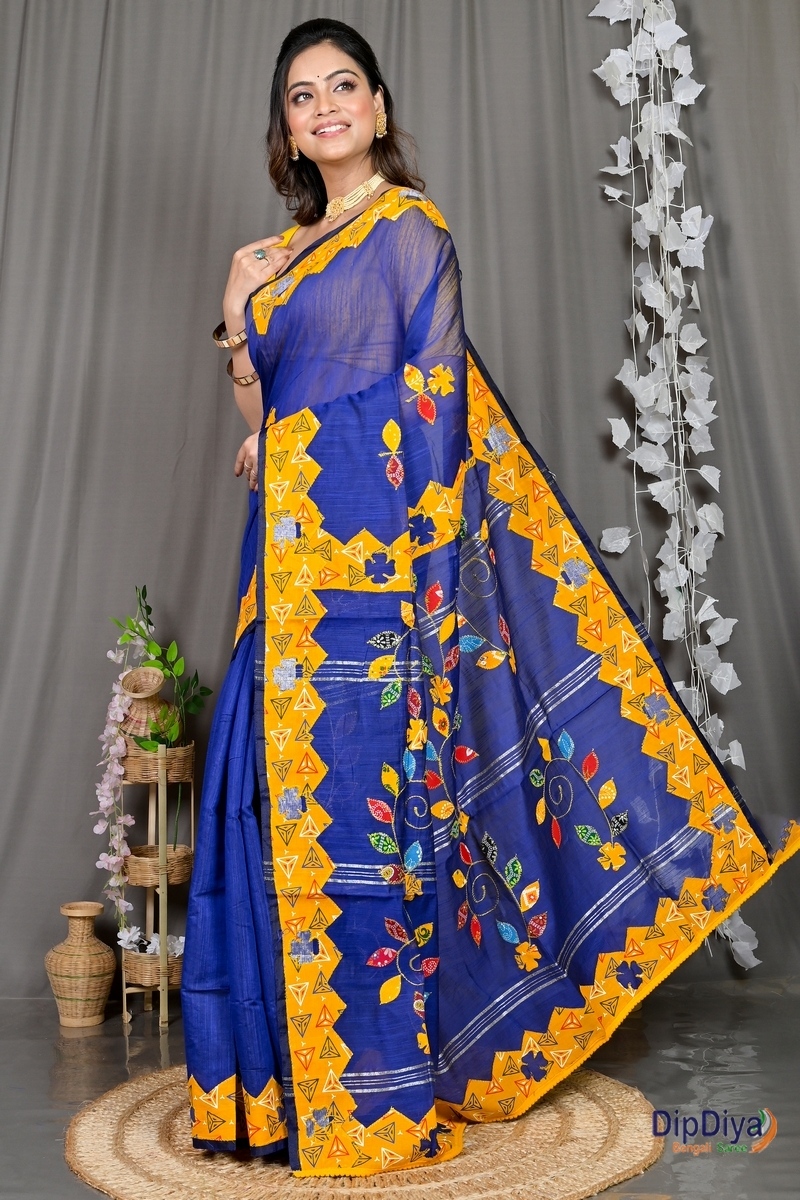 Blue Cotton Blended Parik Applique Saree (332)