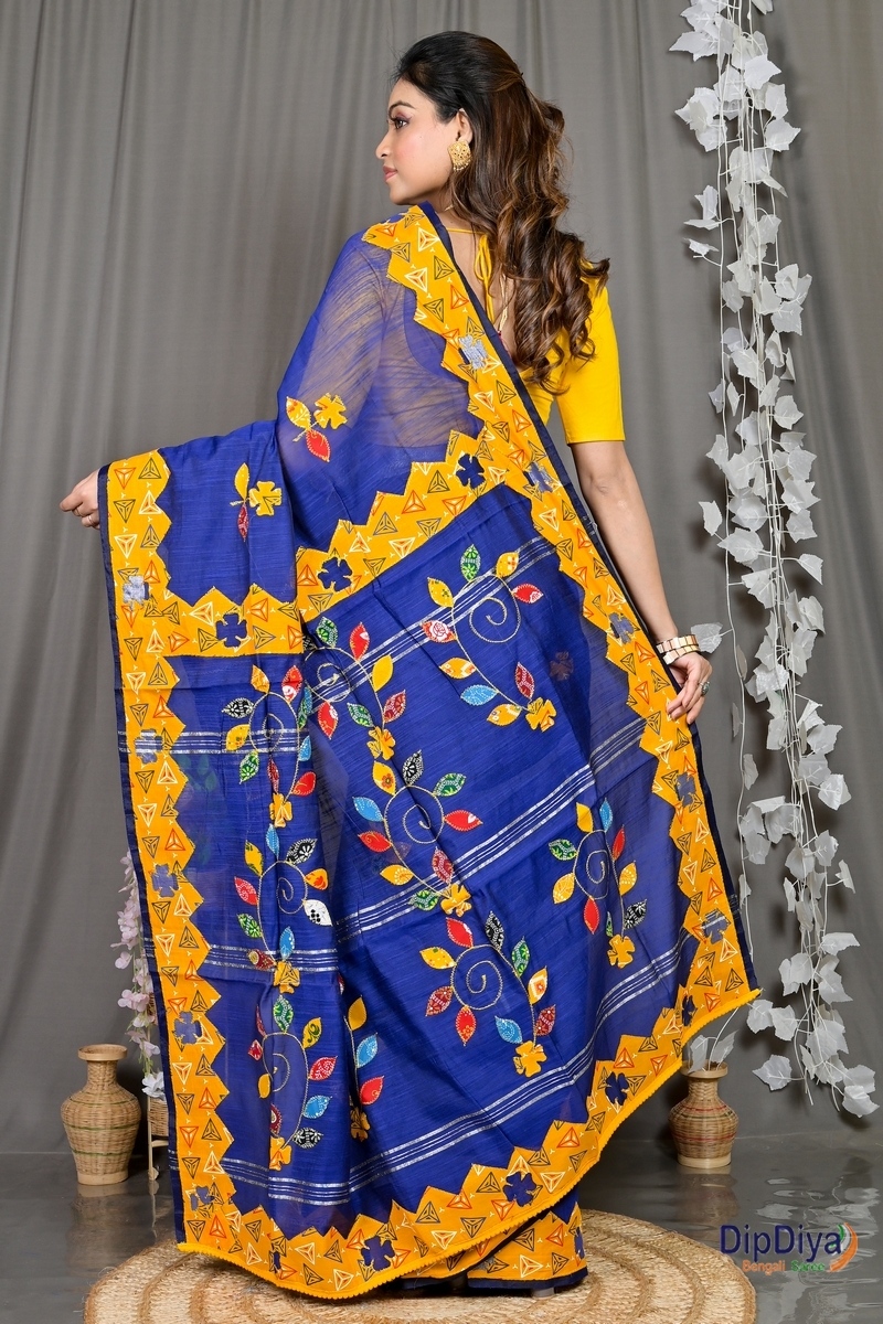 Blue Cotton Blended Parik Applique Saree (332)
