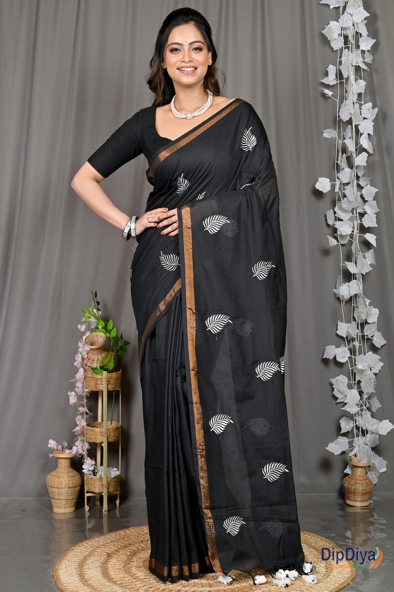 Black Cotton Blended Parin Hand Loom Saree (333)