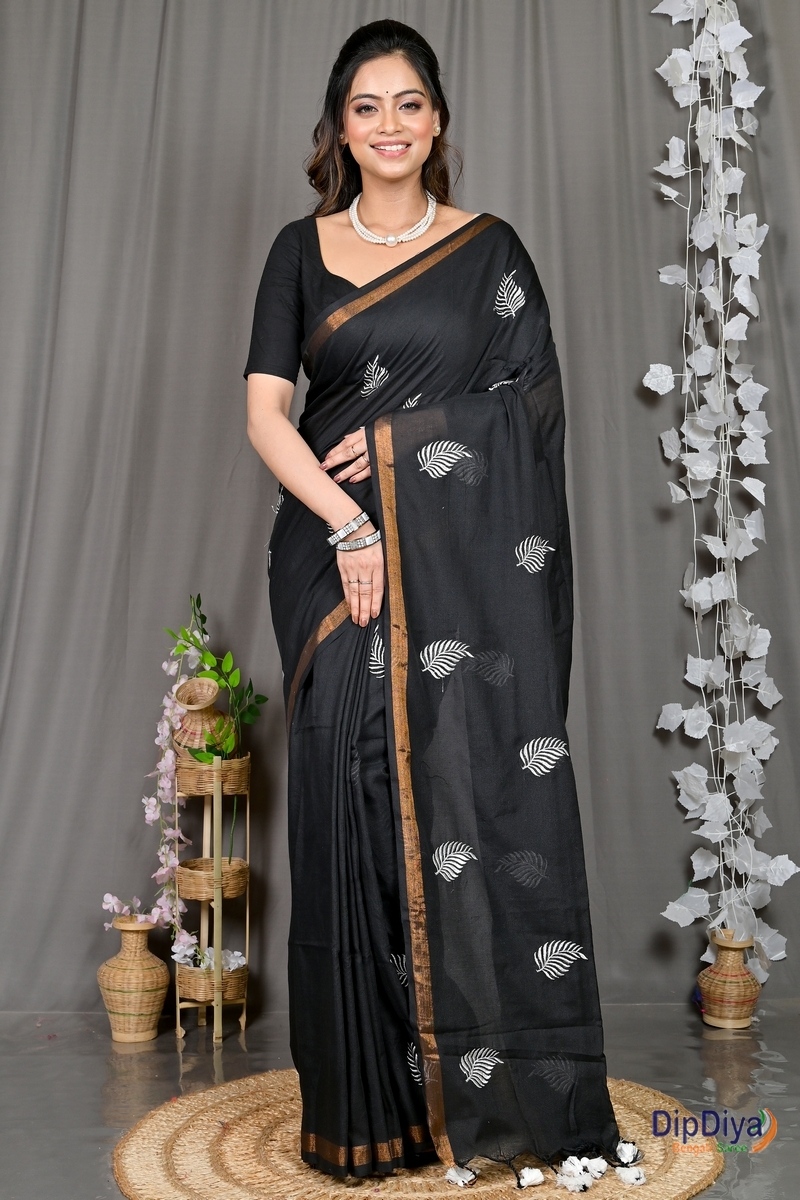 Black Cotton Blended Parin Hand Loom Saree (333)