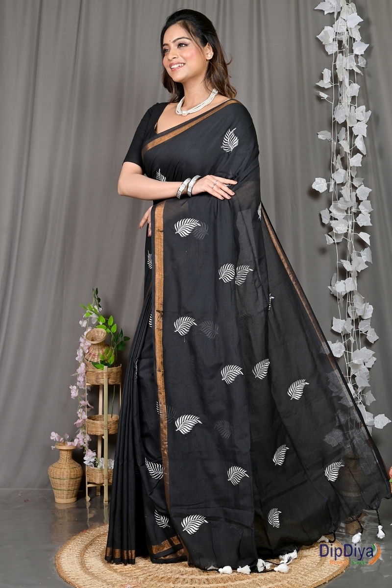 Black Cotton Blended Parin Hand Loom Saree (333)