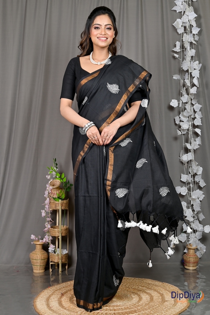 Black Cotton Blended Parin Hand Loom Saree (333)