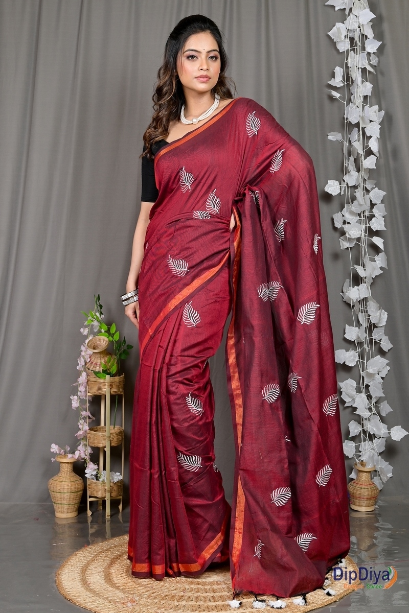 Maroon Cotton Blended Parin Hand Loom Saree (334)