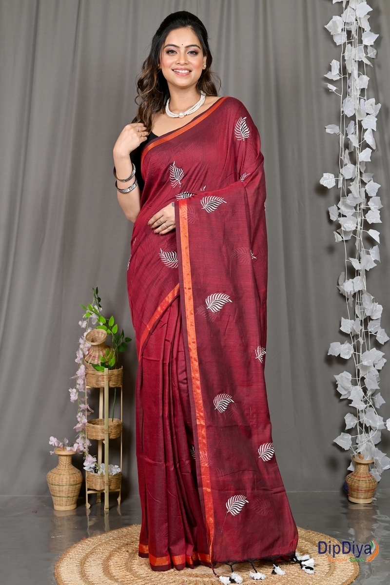 Maroon Cotton Blended Parin Hand Loom Saree (334)