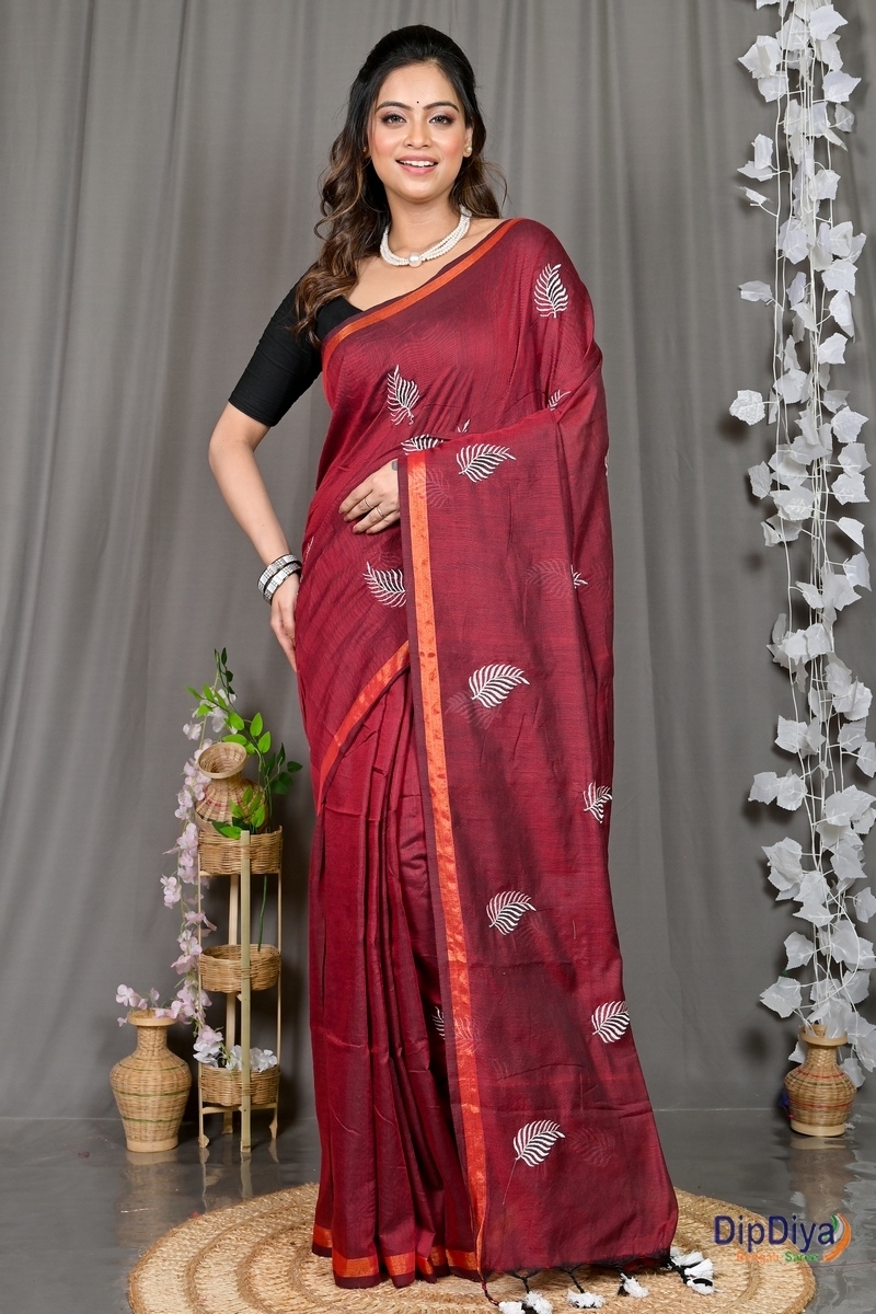 Maroon Cotton Blended Parin Hand Loom Saree (334)