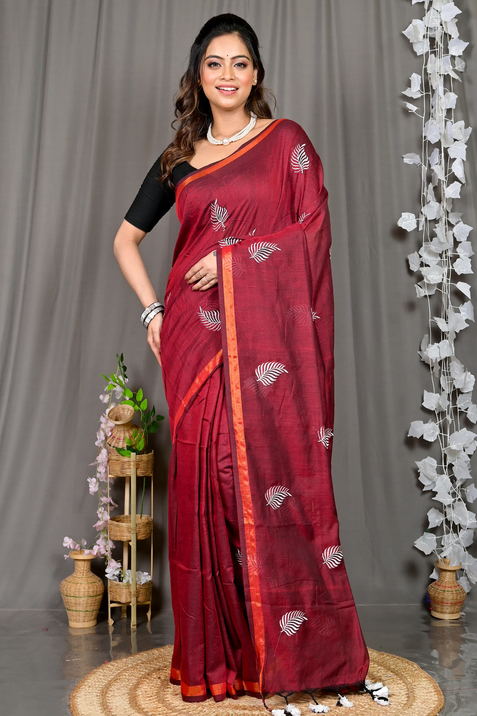 Maroon Cotton Blended Parin Hand Loom Saree (334)