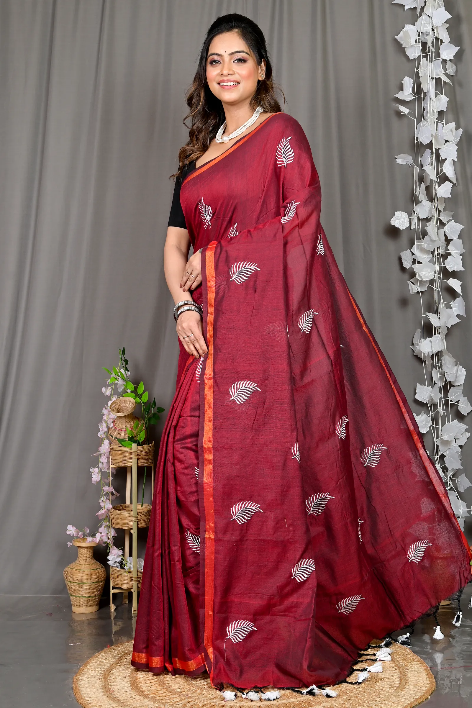 Maroon Cotton Blended Parin Hand Loom Saree (334)
