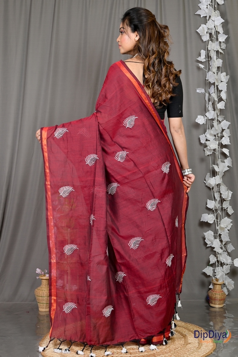 Maroon Cotton Blended Parin Hand Loom Saree (334)