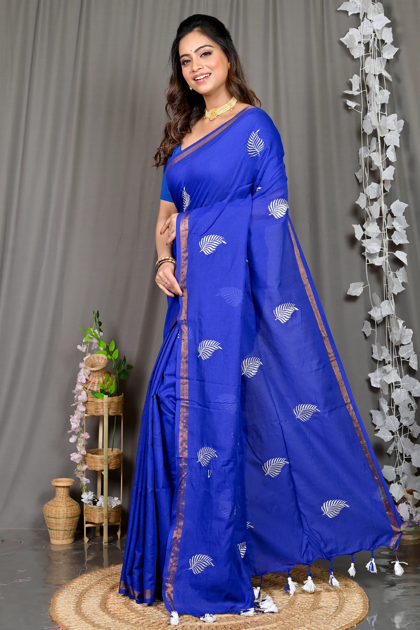 Blue Cotton Blended Parin Hand Loom Saree (336)