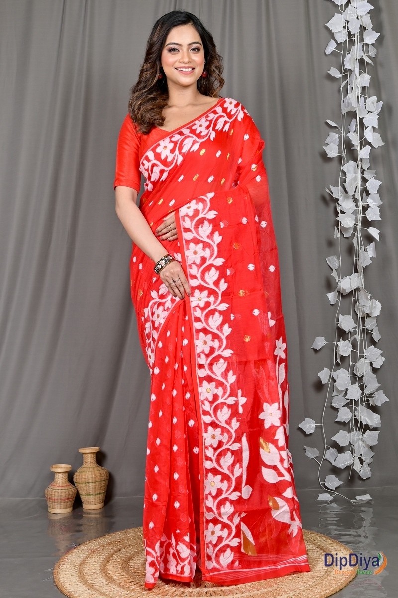 Red Cotton Blended Parinit Jamdani Saree (339)