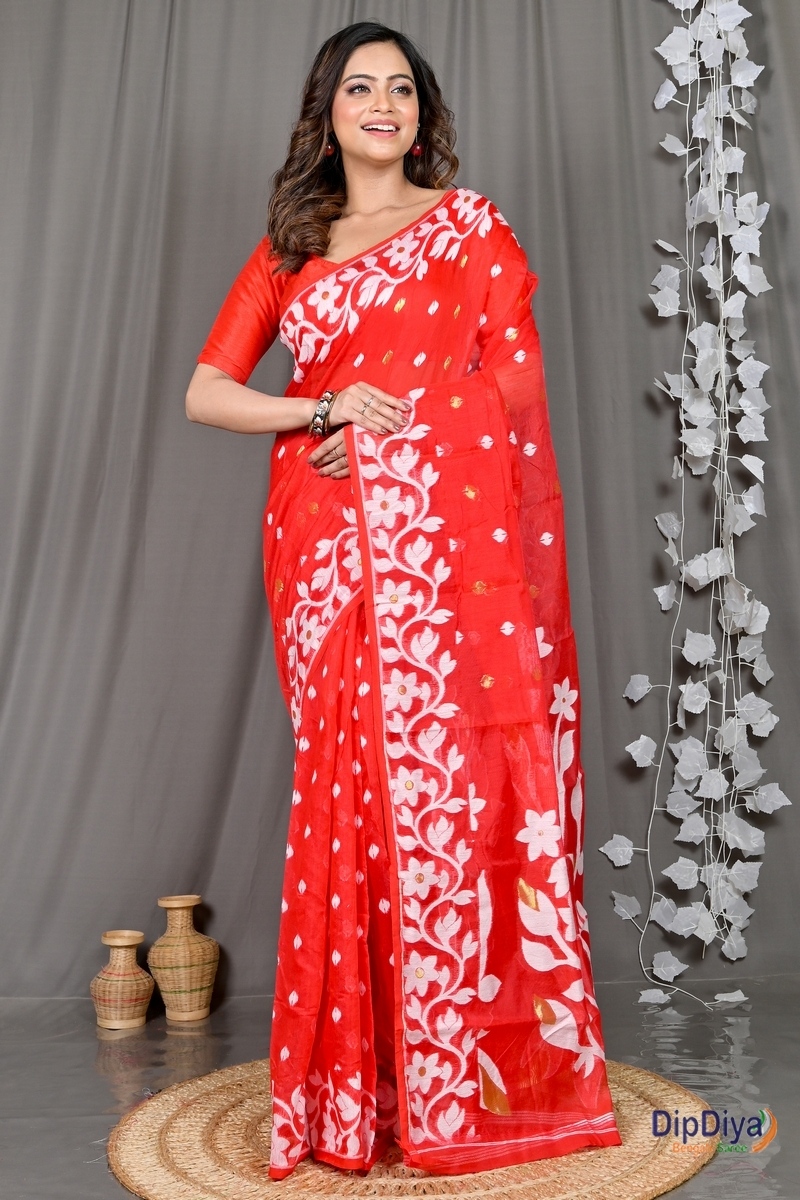 Red Cotton Blended Parinit Jamdani Saree (339)
