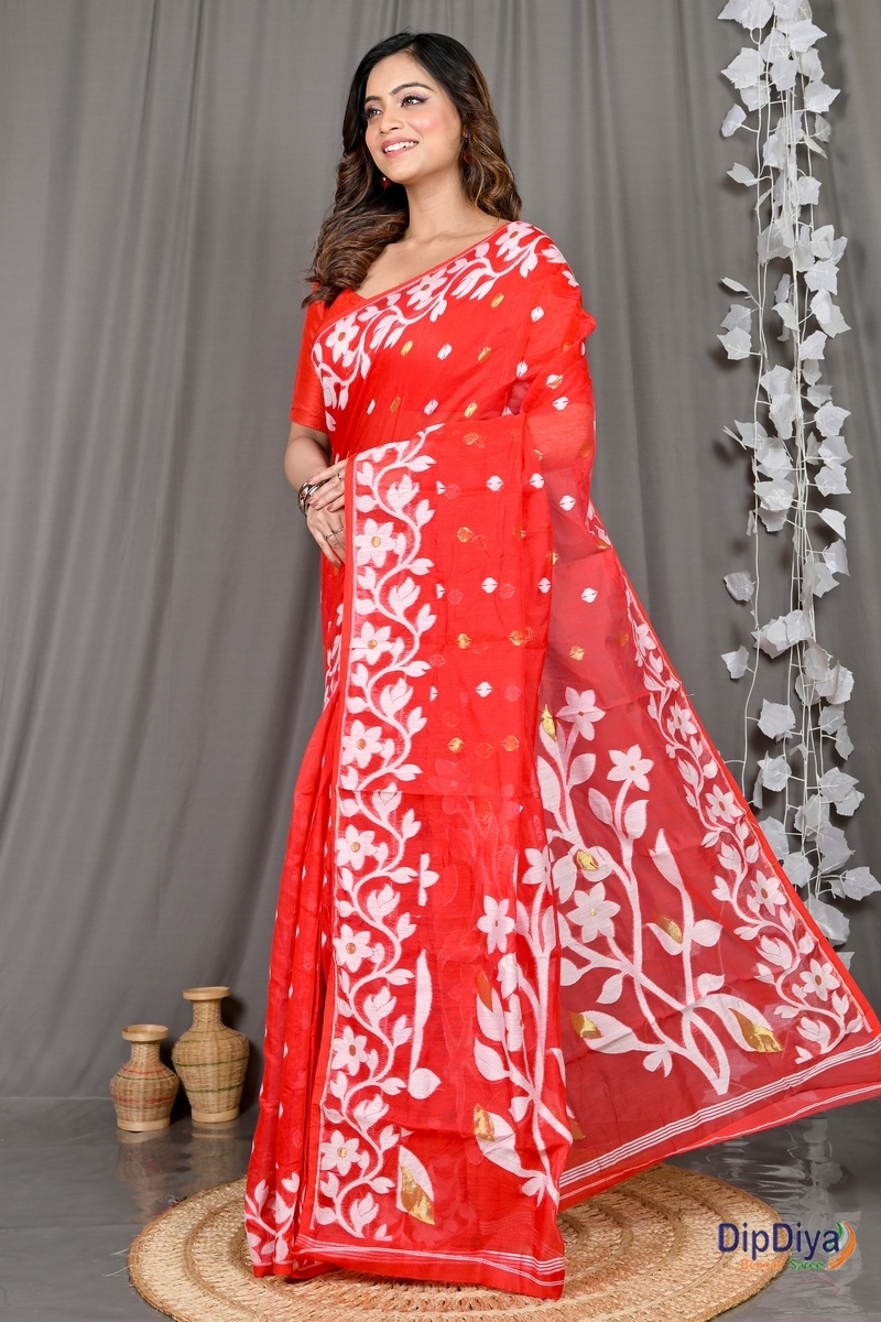 Red Cotton Blended Parinit Jamdani Saree (339)