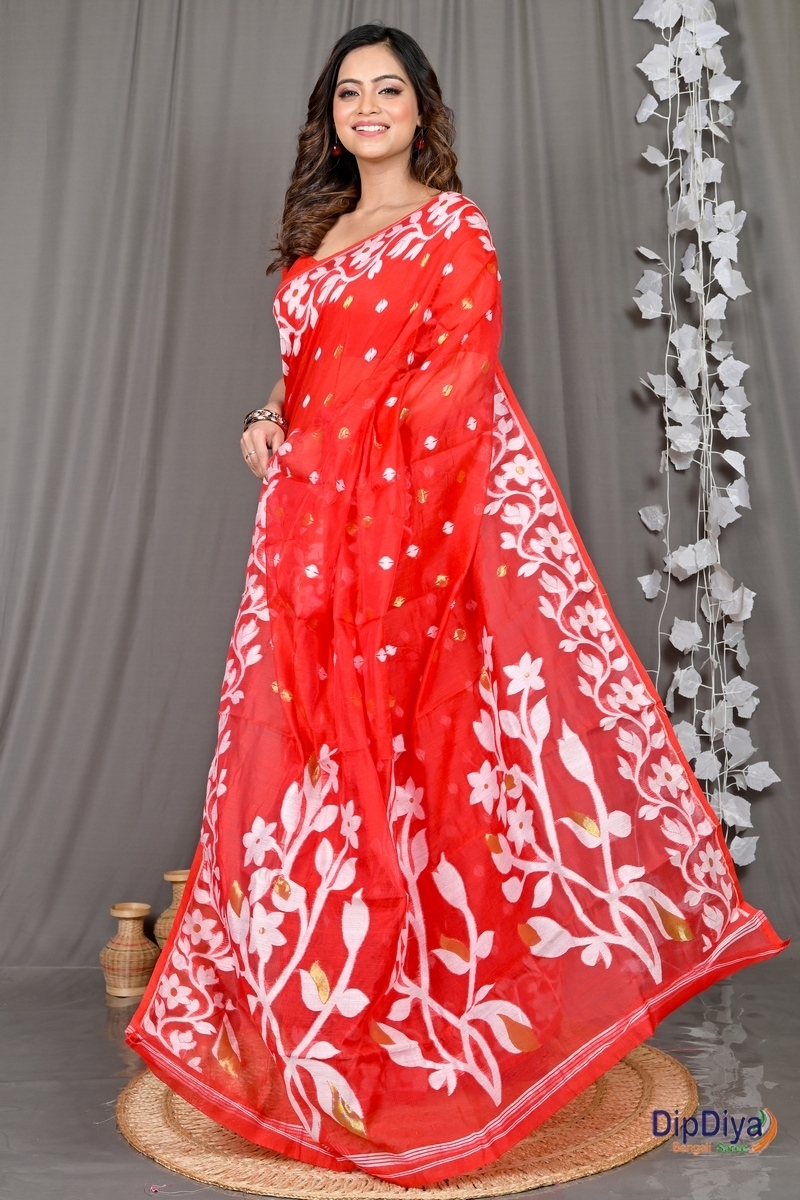 Red Cotton Blended Parinit Jamdani Saree (339)