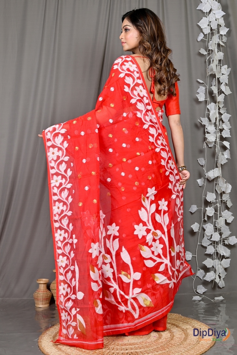 Red Cotton Blended Parinit Jamdani Saree (339)