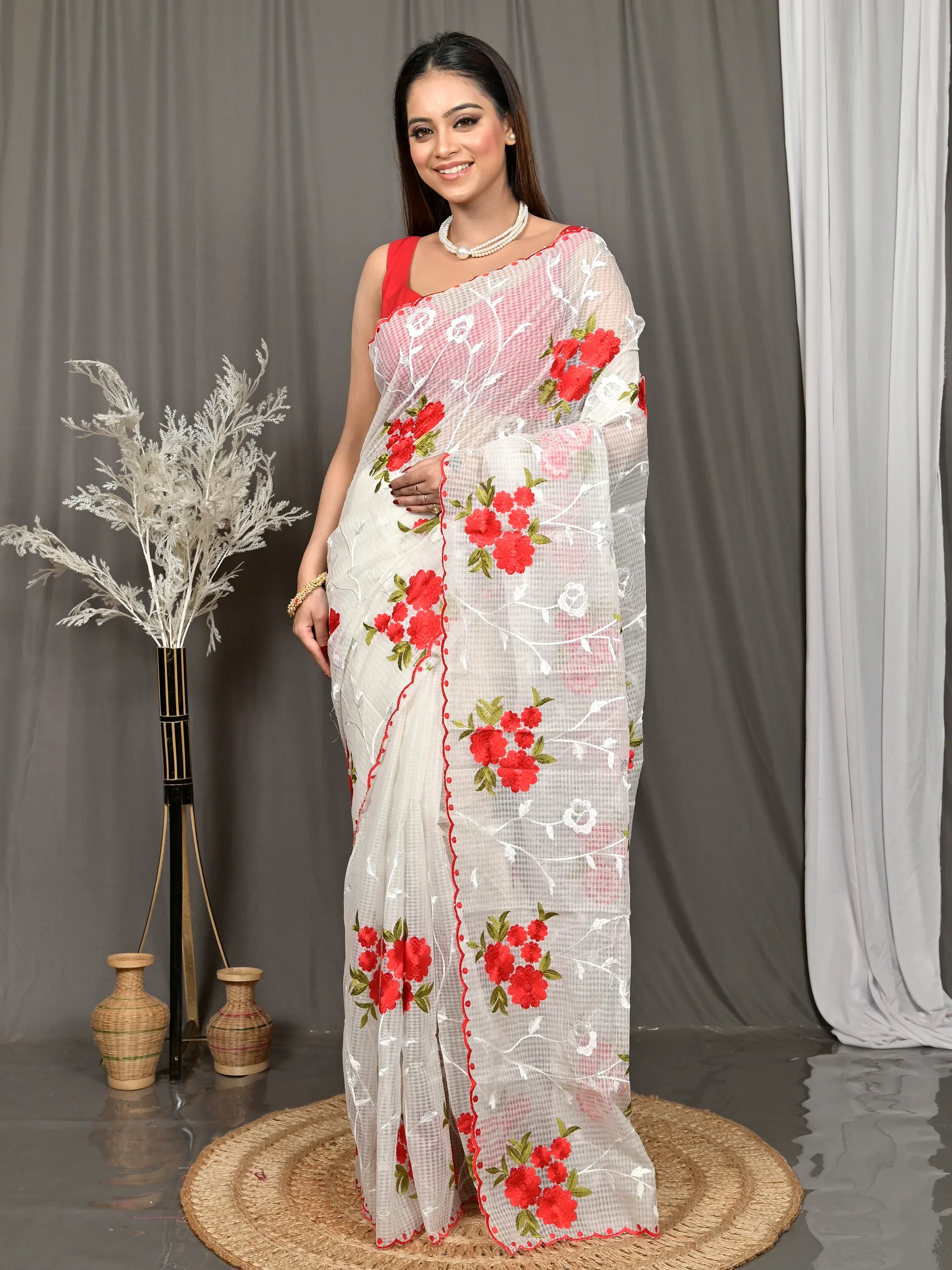 White Cotton Kotambo Mix Kota Embroidery Saree  (34)