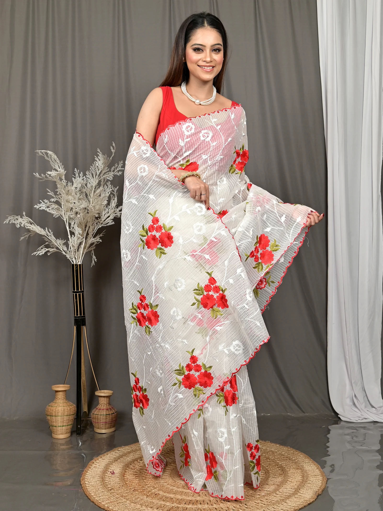 White Cotton Kotambo Mix Kota Embroidery Saree  (34)