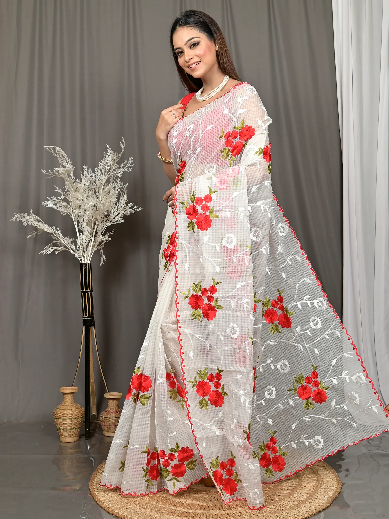 White Cotton Kotambo Mix Kota Embroidery Saree  (34)