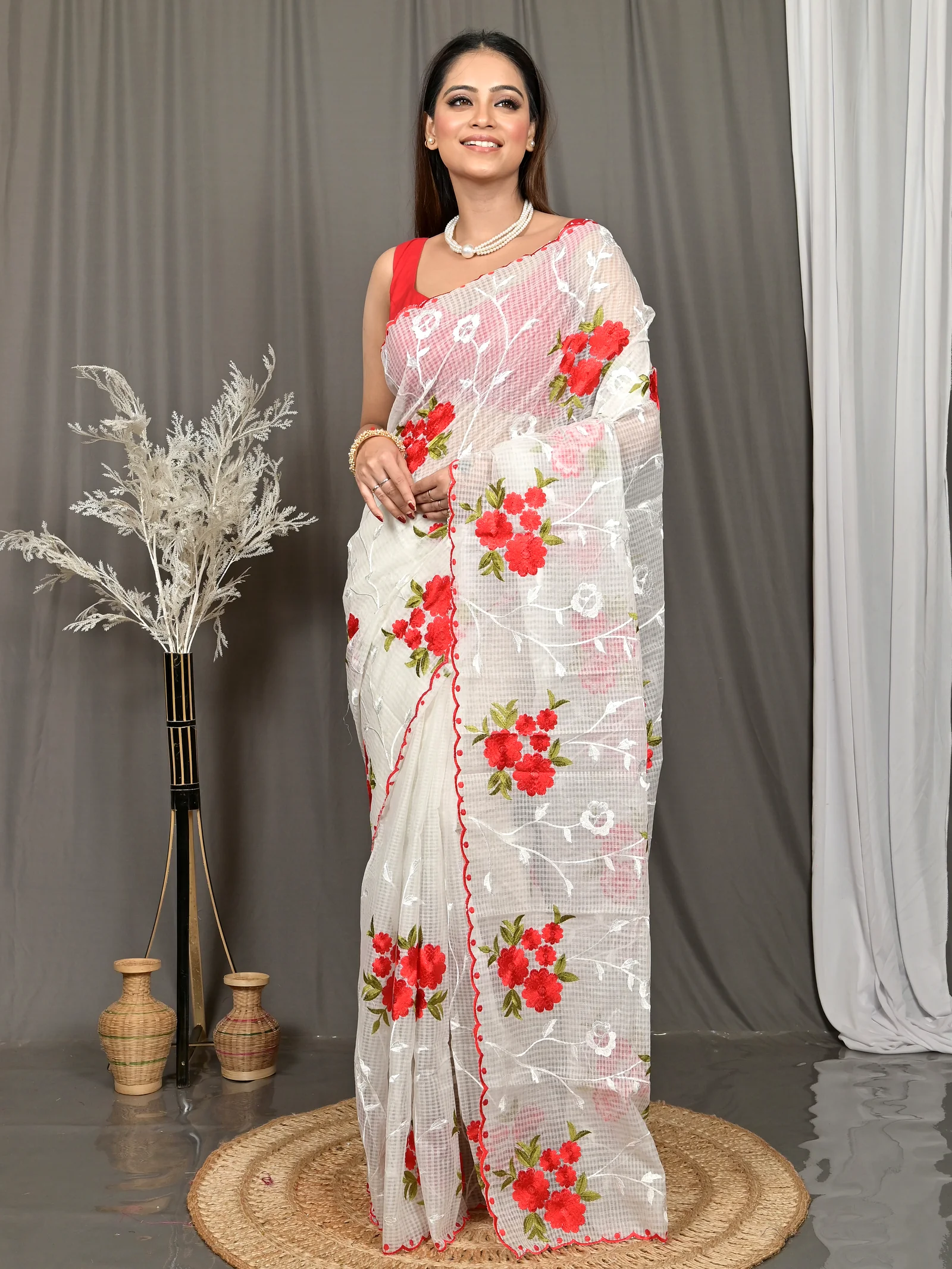 White Cotton Kotambo Mix Kota Embroidery Saree  (34)