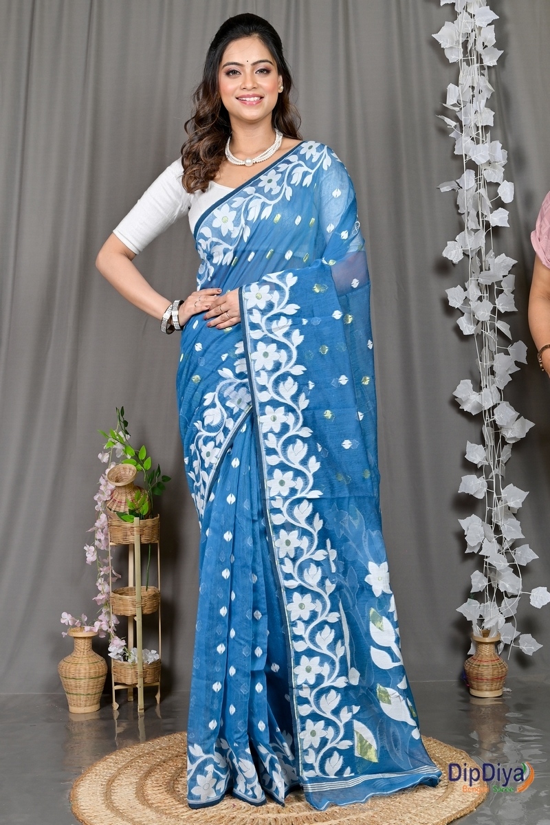 Blue Cotton Blended Parinit Jamdani Saree (341)