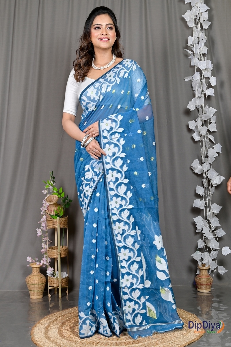 Blue Cotton Blended Parinit Jamdani Saree (341)