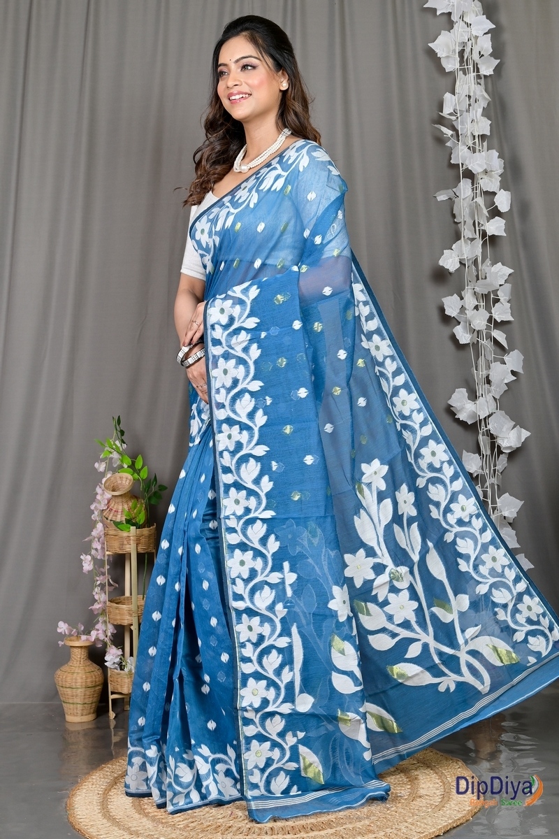 Blue Cotton Blended Parinit Jamdani Saree (341)