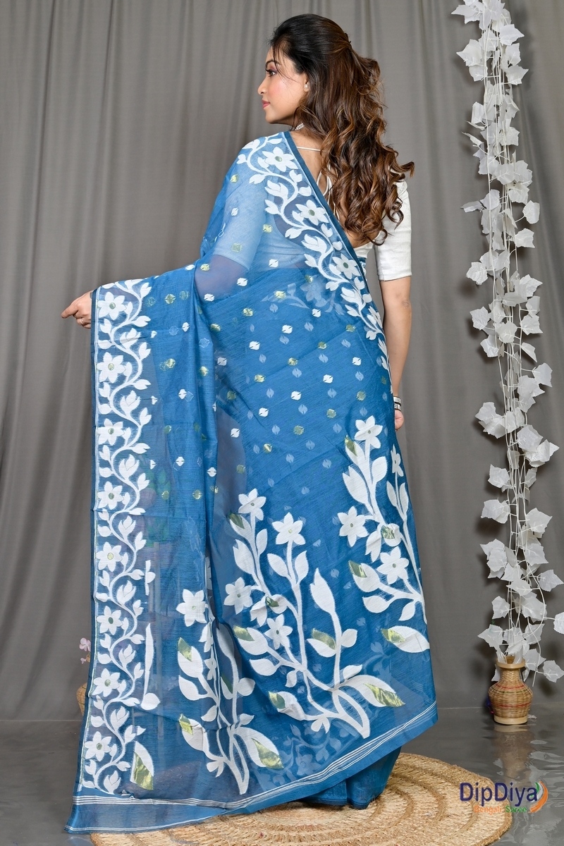Blue Cotton Blended Parinit Jamdani Saree (341)