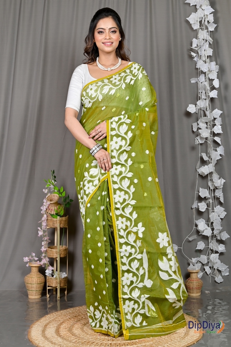 Dark Green Cotton Blended Parinit Jamdani Saree (343)
