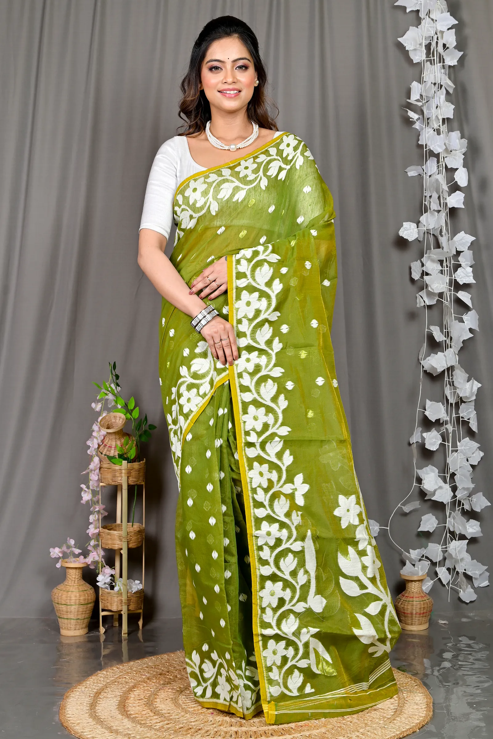 Dark Green Cotton Blended Parinit Jamdani Saree (343)