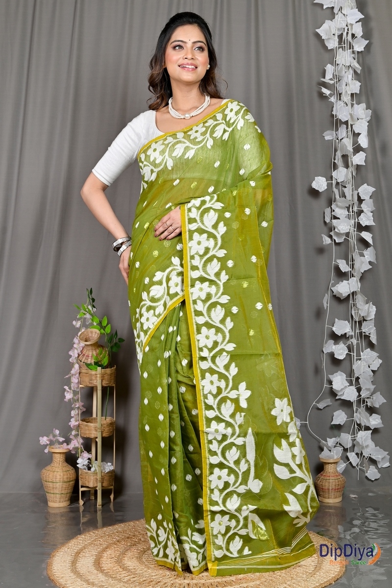 Dark Green Cotton Blended Parinit Jamdani Saree (343)