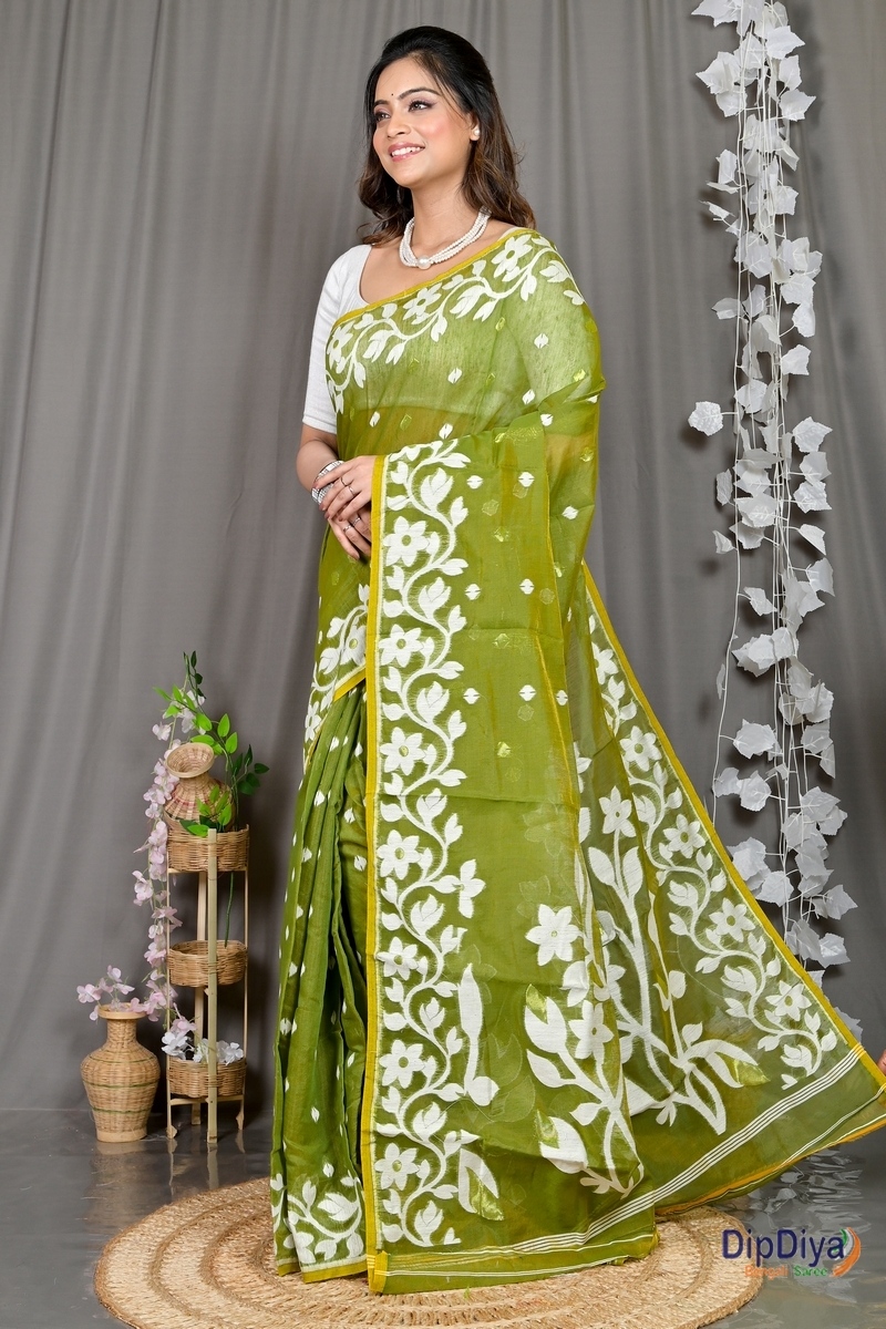 Dark Green Cotton Blended Parinit Jamdani Saree (343)