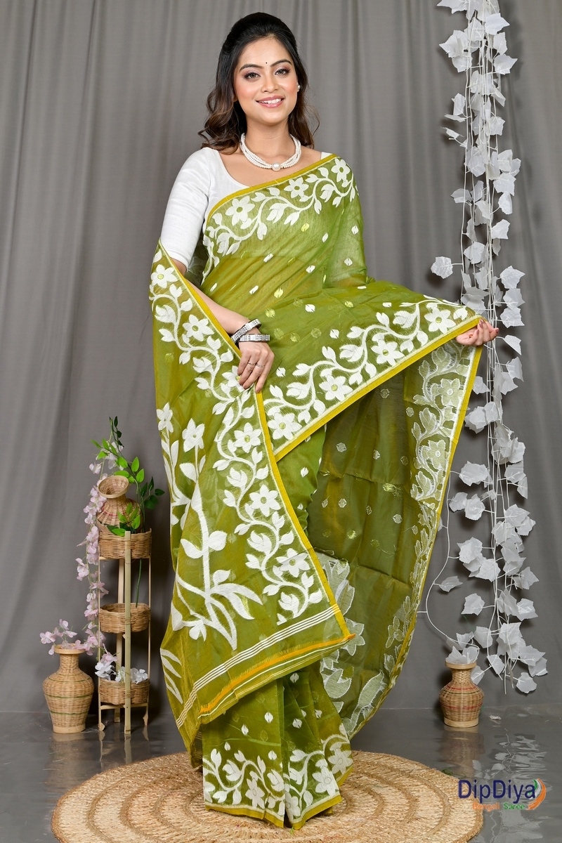 Dark Green Cotton Blended Parinit Jamdani Saree (343)