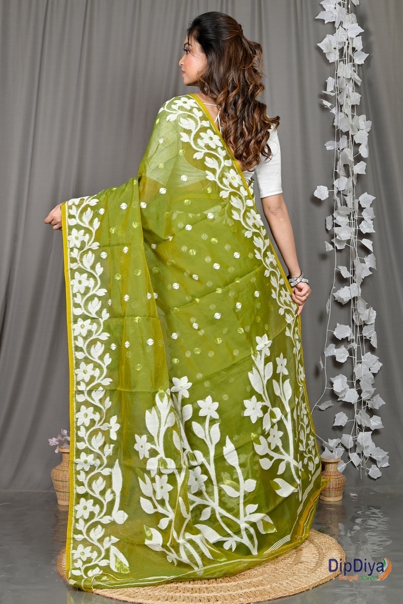 Dark Green Cotton Blended Parinit Jamdani Saree (343)