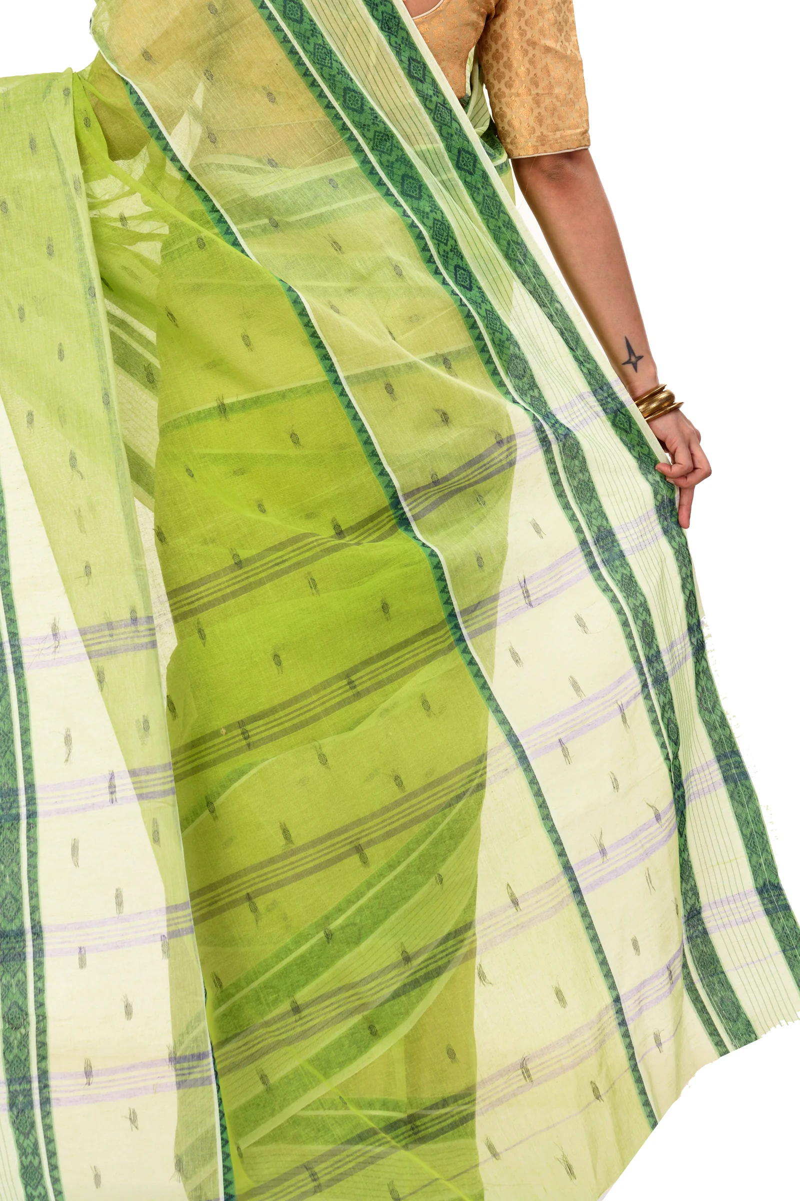 Olive Green Pure Cotton Debdash Tant Saree (345)